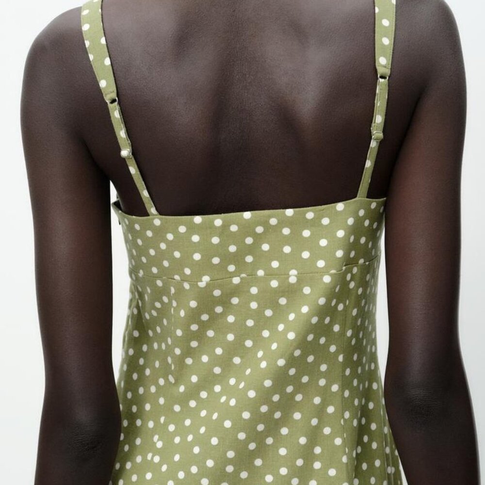 Zara Linen Blend Polka Dot Midi Dress XS Ecru Khaki Front Slit NWT Summer Party - Picture 6 of 14